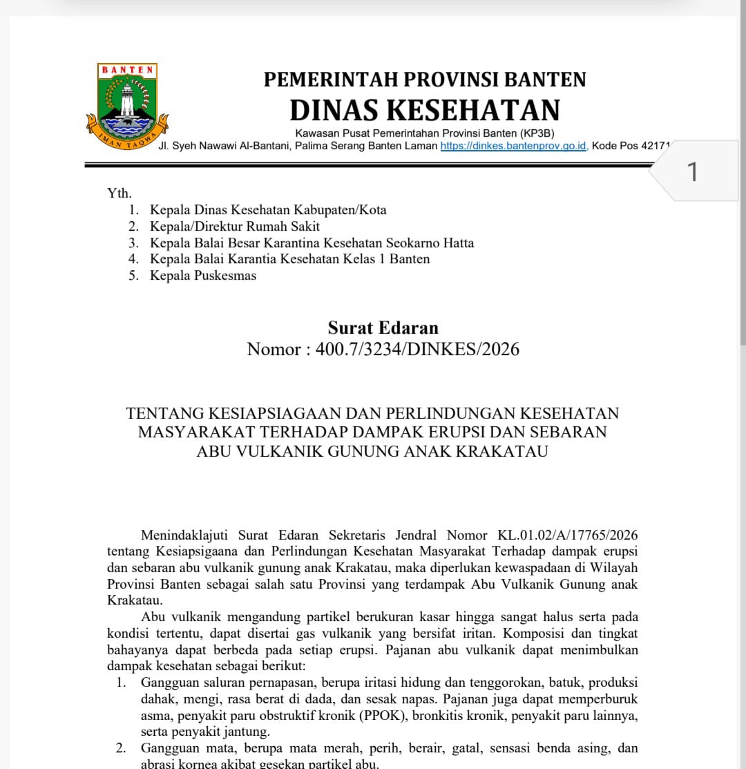 Pemprov Banten Siagakan Layanan Kesehatan Antisipasi Dampak Abu Vulkanik Anak Krakatau